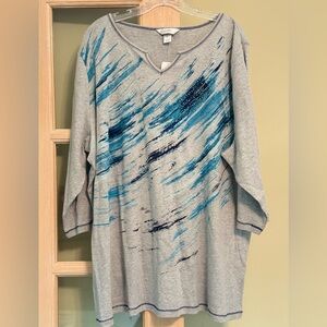 CJ Banks Gray and Teal Embellished Top